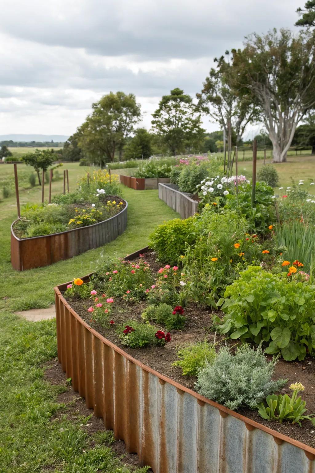 Reclaimed metal edging offers an ecologically responsible garden resolution.