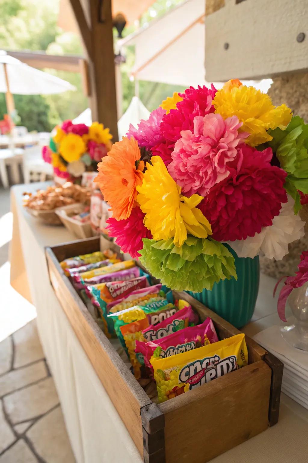 Enhance a splash of color with paper blossoms, a charming and economical decoration for your confectionery bar.