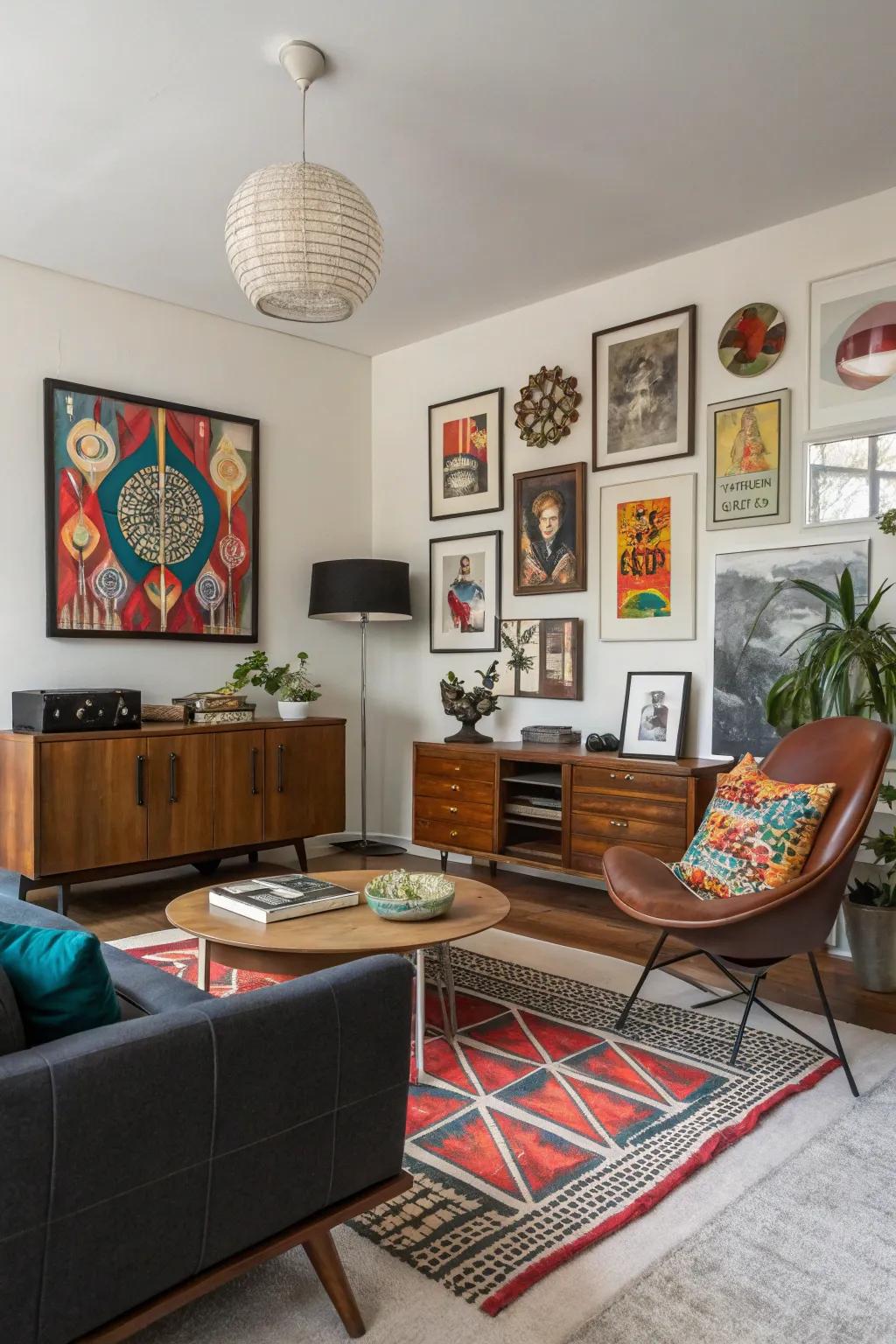 An eclectic blend of decor items provides a unique twist to this mid-century modern living space.