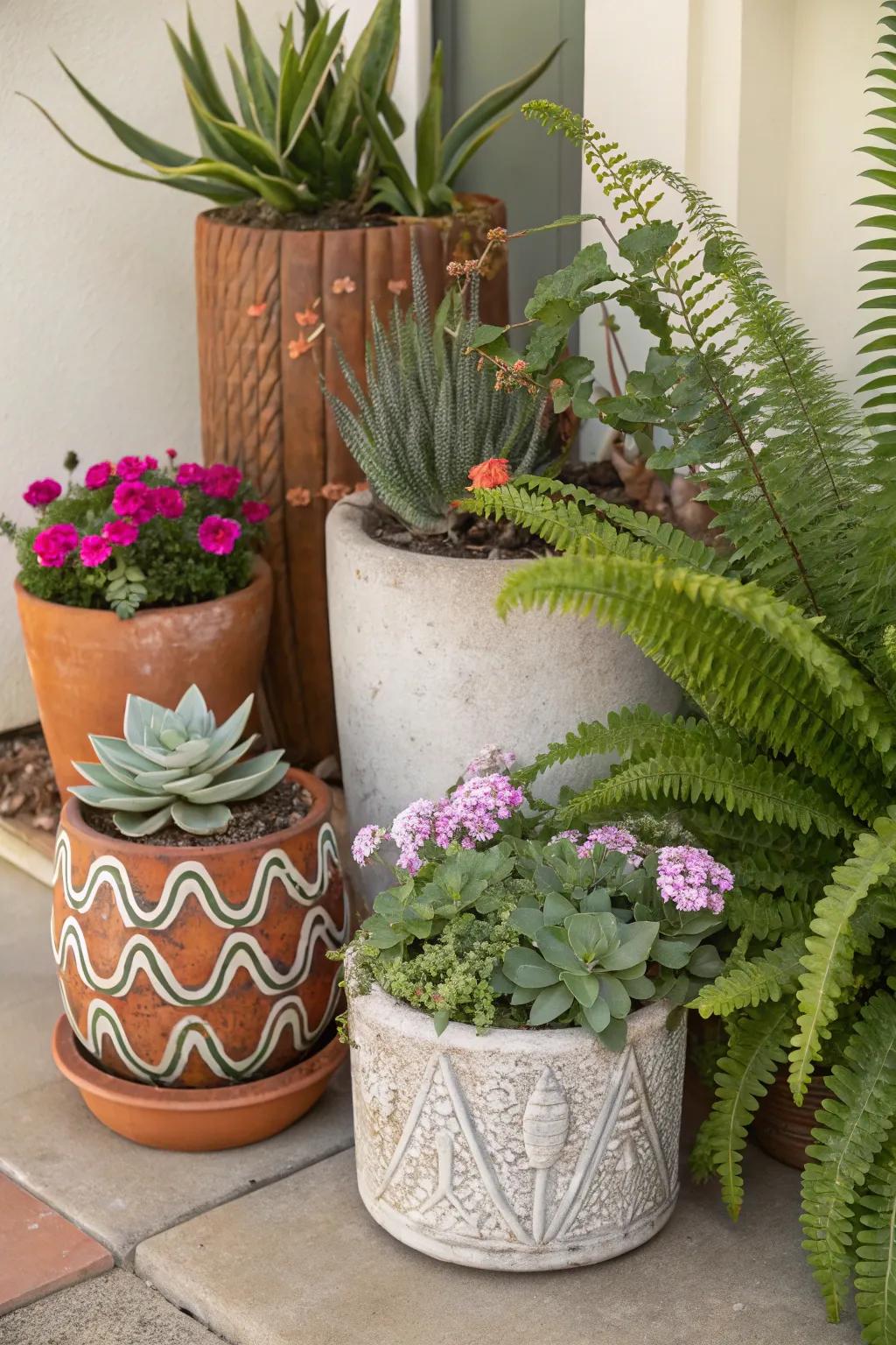 A dynamic display of plants with diverse textures and shapes.