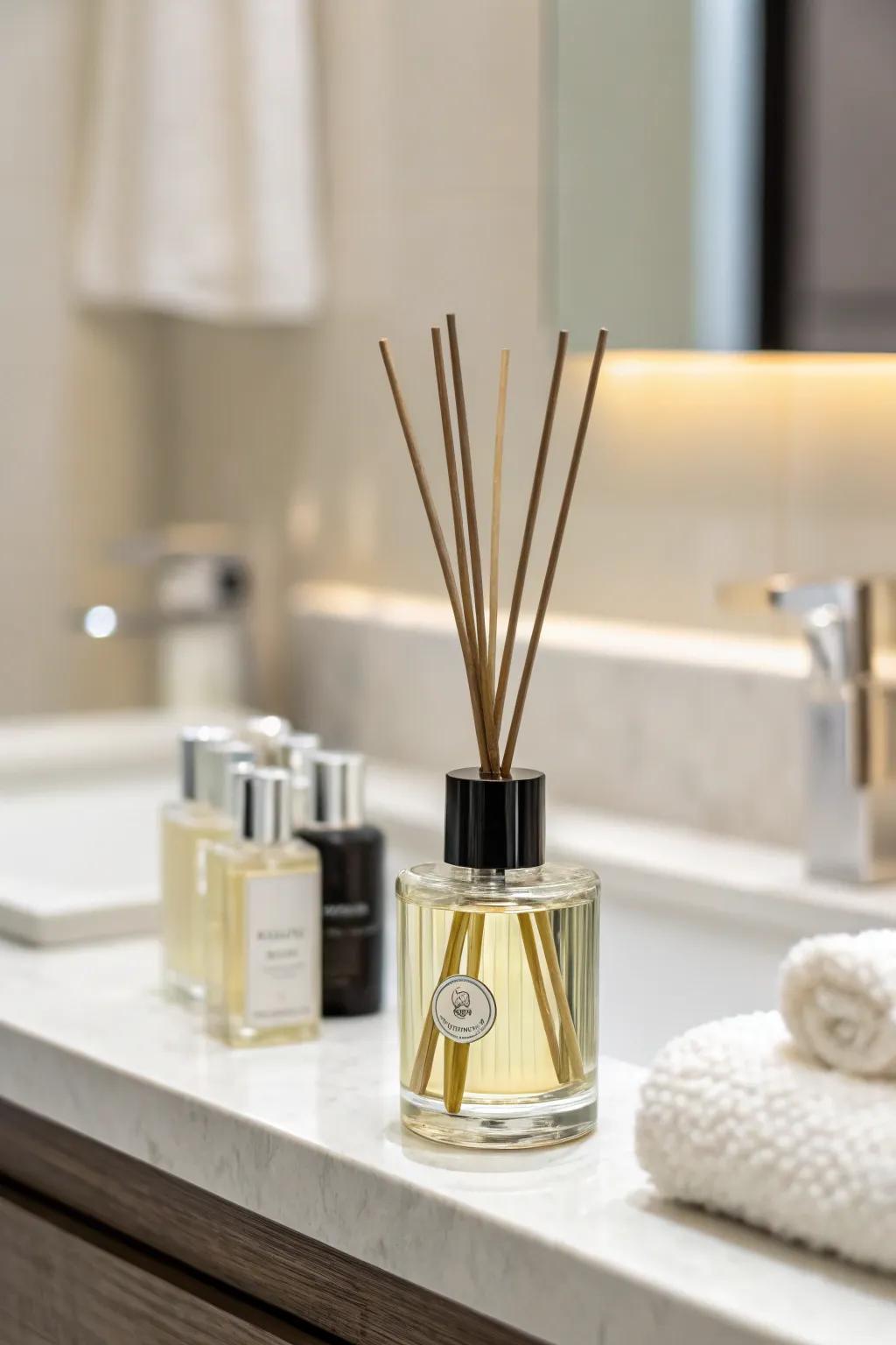 A scent diffuser adds fragrance and style to the bathroom.