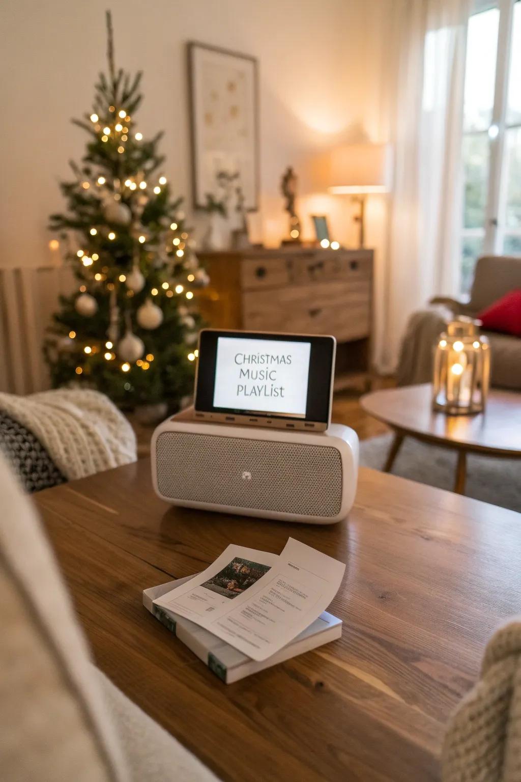 A cozy living area enhanced by a minimalist festive audio playlist.