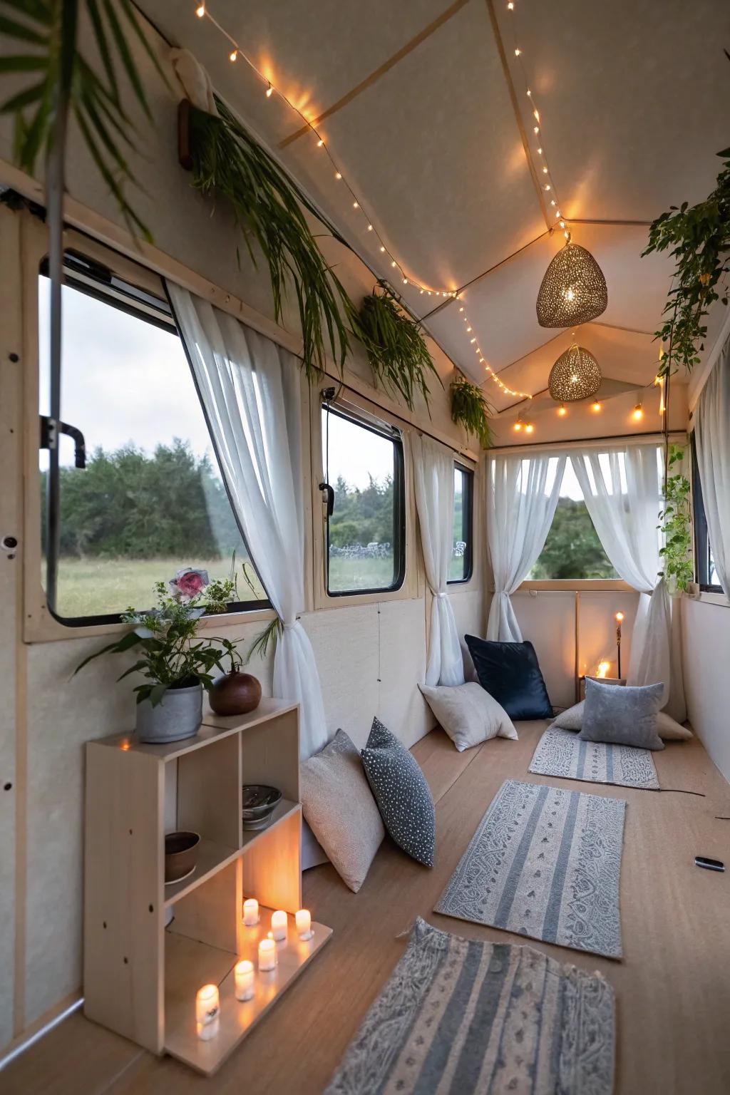 A tranquil reflective sanctuary including cushions, in addition to calming décor, ideal for occasions of mindfulness.