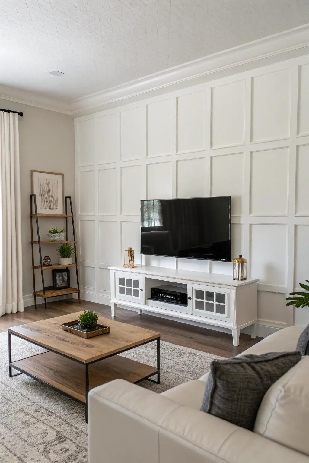 A minimalist snow white wall fashions a pristine and timeless setting.