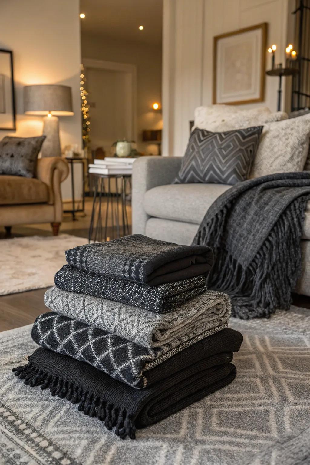 Layered textiles in black and grey instantly add a comforting depth and welcoming coziness.