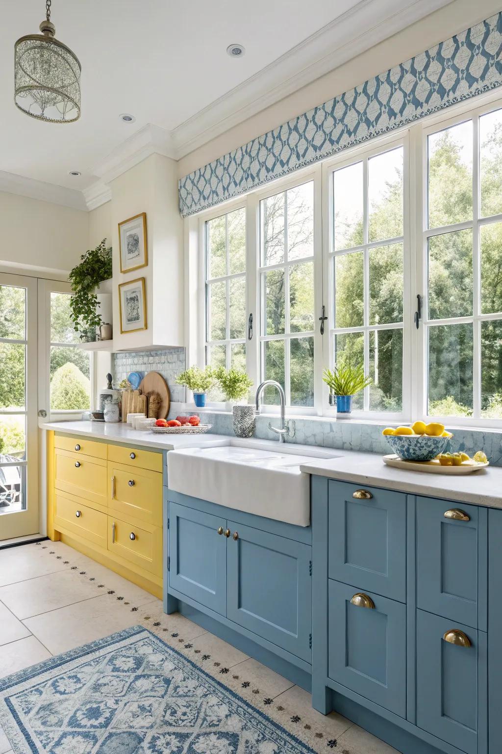 Inherent light enhances the vibrancy of the kitchen's color scheme.