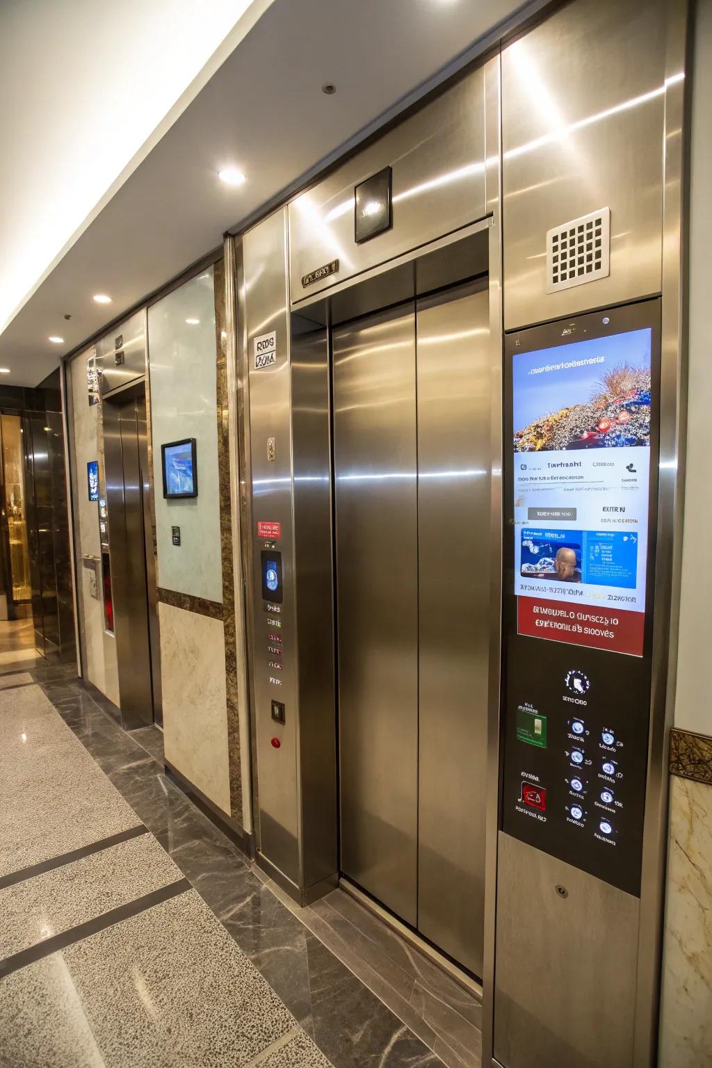 An elevator incorporates interactive panels for a tech-forward experience.
