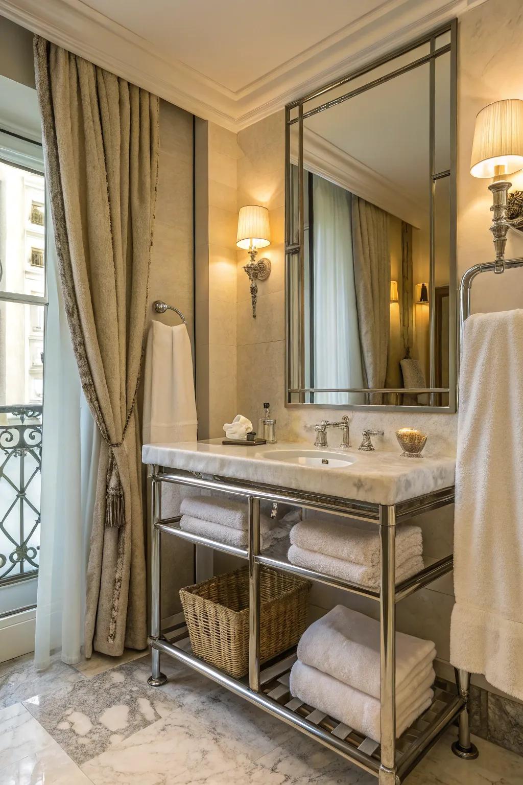Delicate towels and linen curtains soften a powder room.