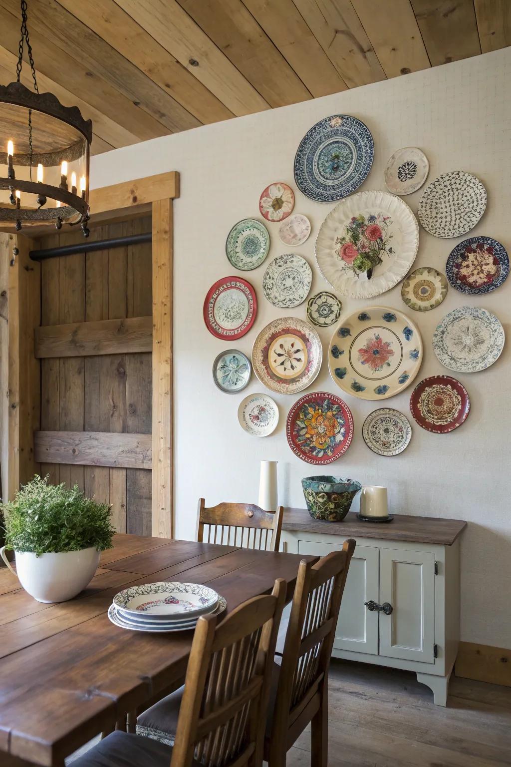 Vintage ornamental saucers appending charm to a dining space.