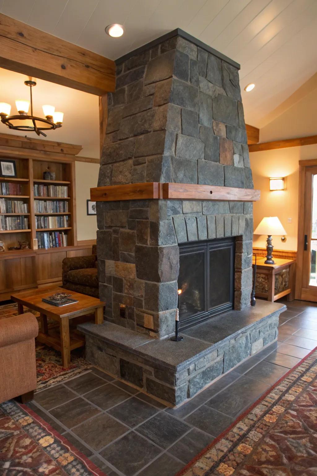 Rustic charm of natural stone fireplace.