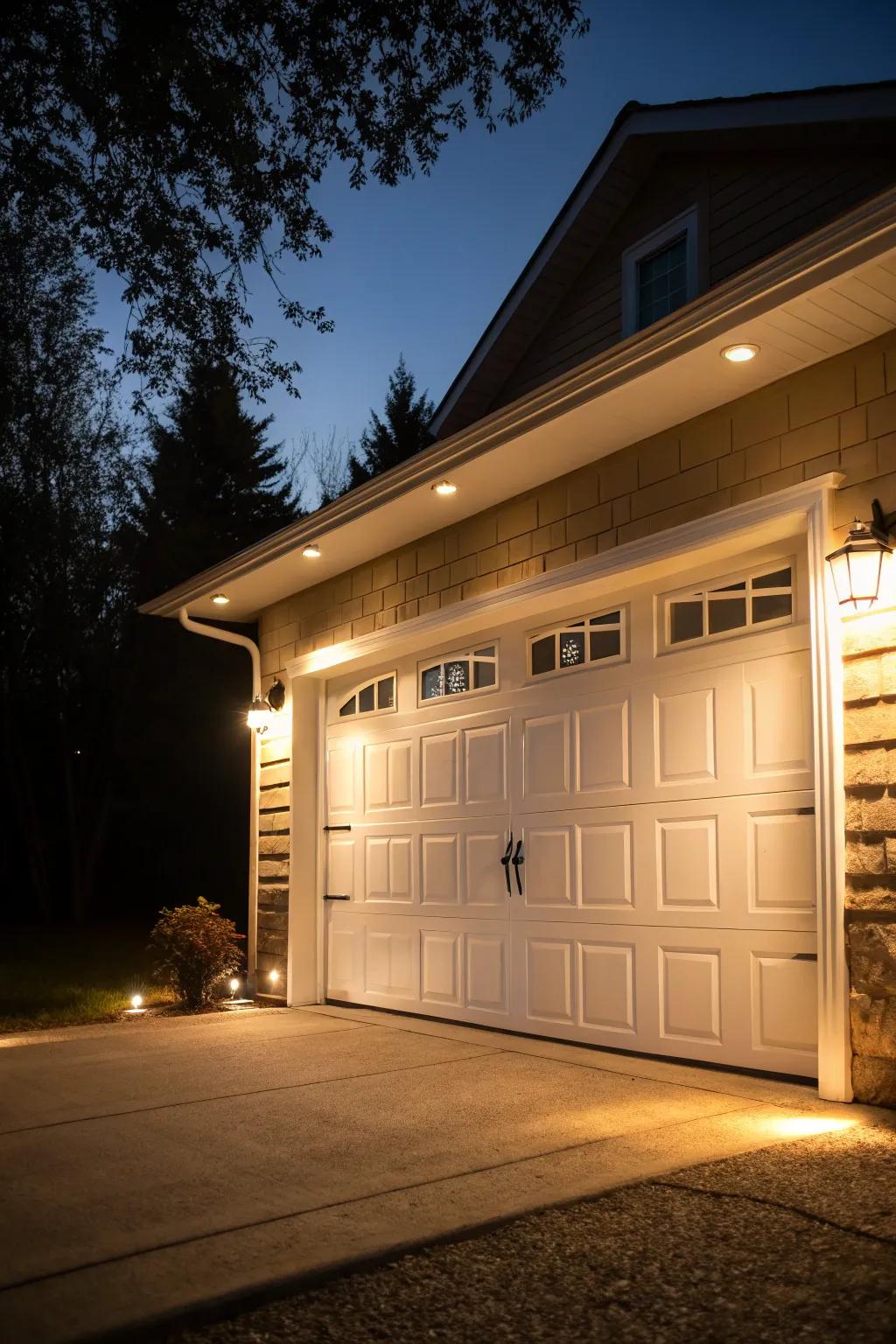 Smart illumination enhances garage door aesthetics and protection.