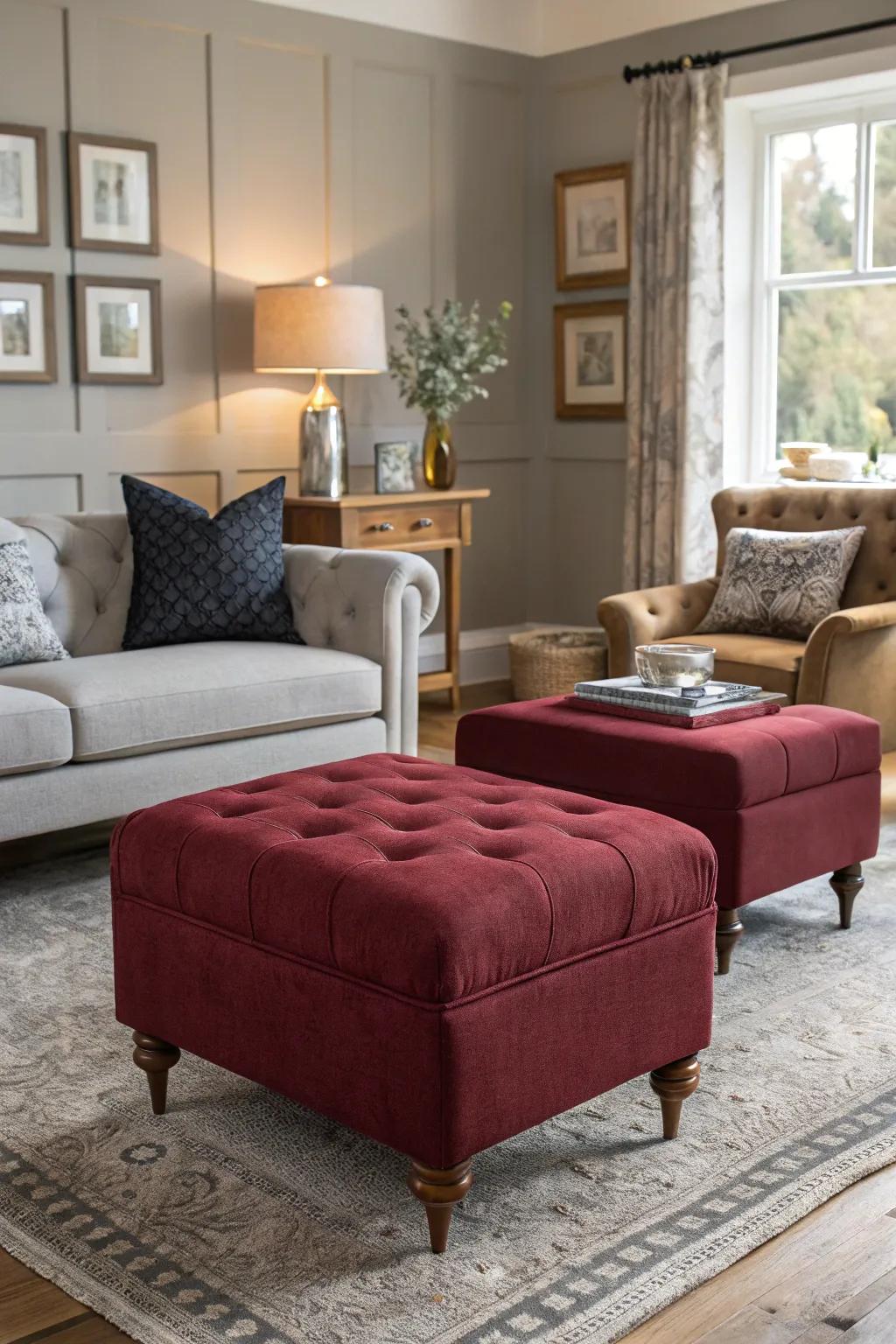 Living room featuring stools and grey decor.