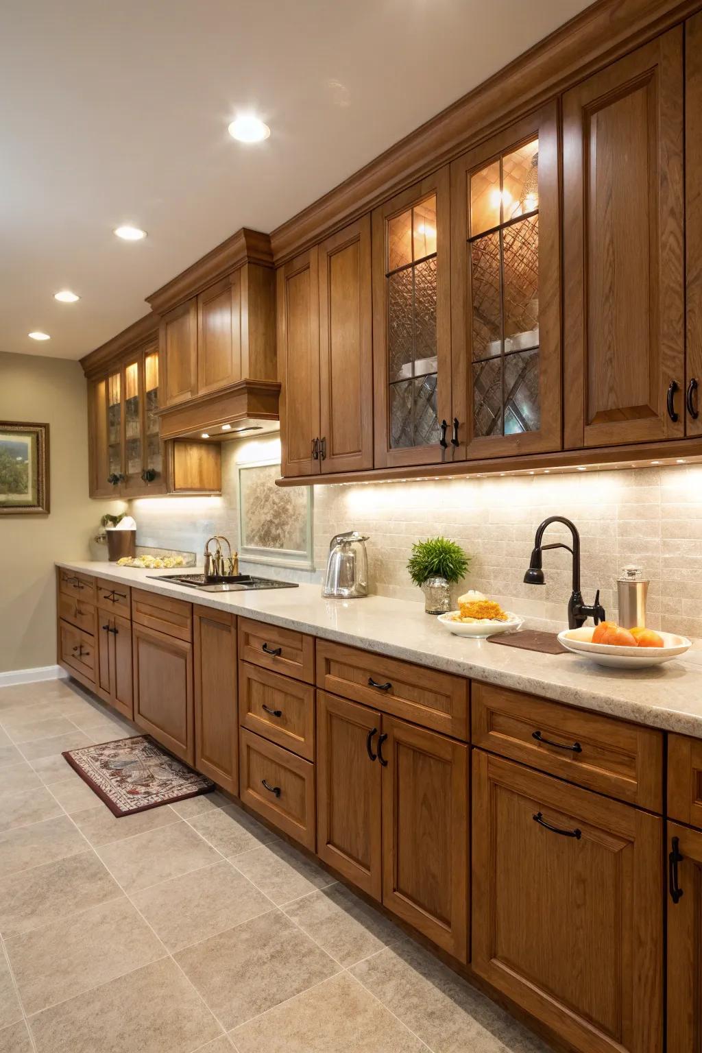 Under-cabinet illumination emphasizes the splendor of walnut.