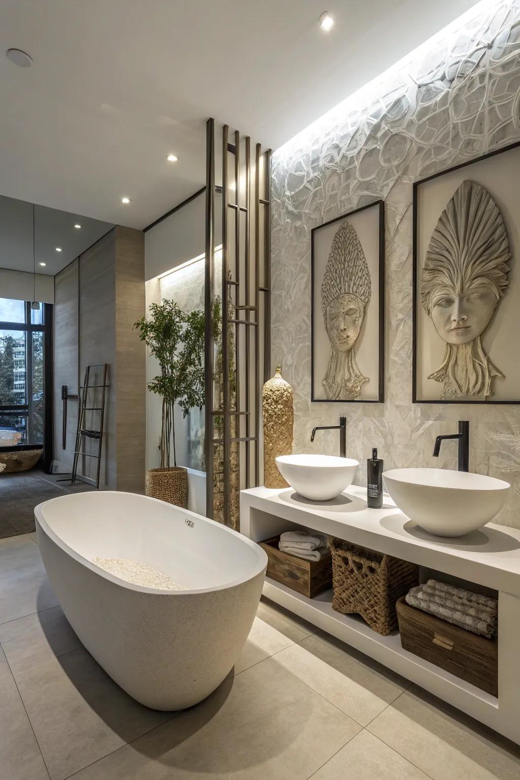 Sculptural fixtures incorporate a unparalleled and artistic element to this bathroom.