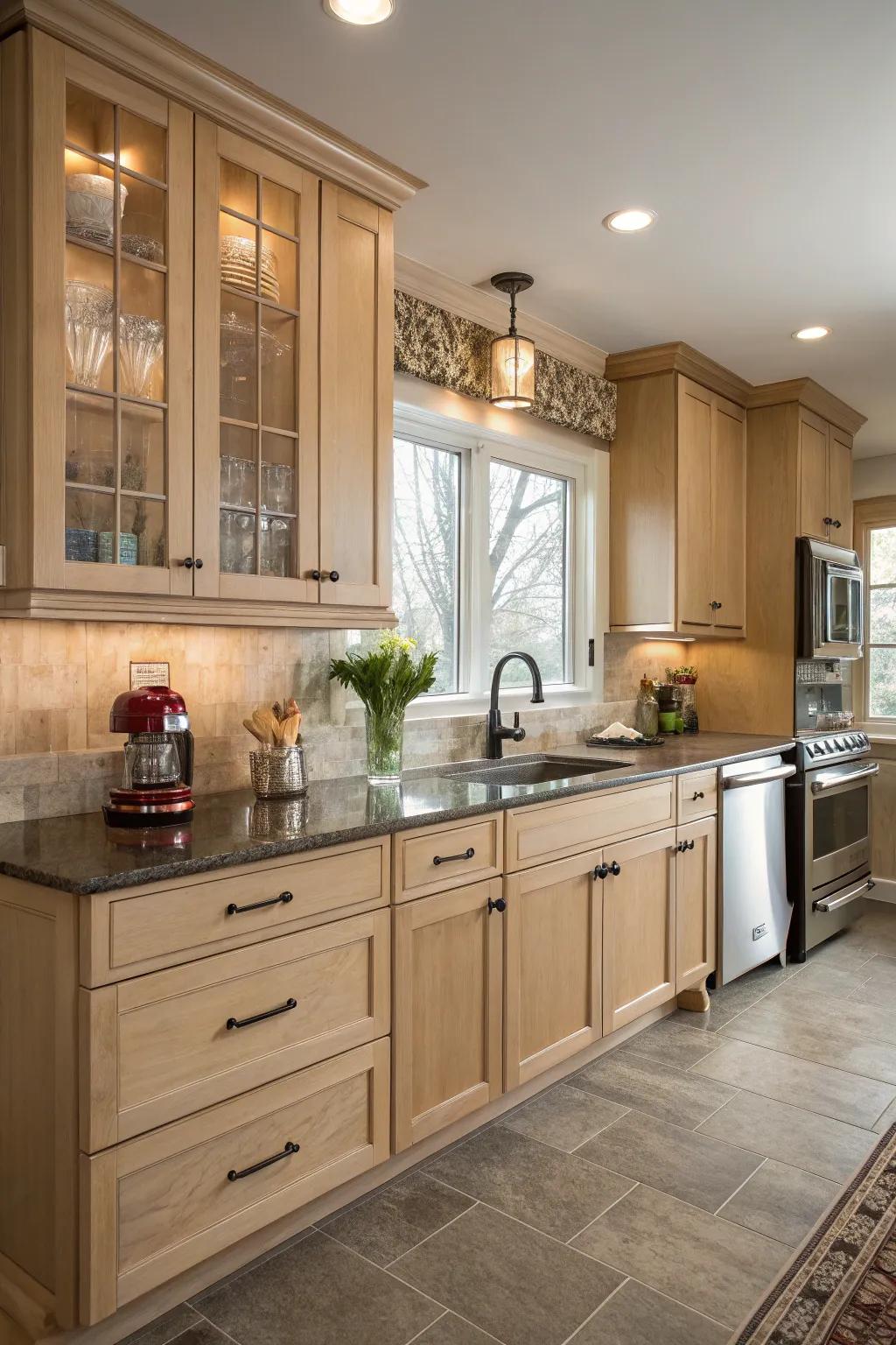 A blend of traditional and modern aesthetics cultivates a singular kitchen ambiance.