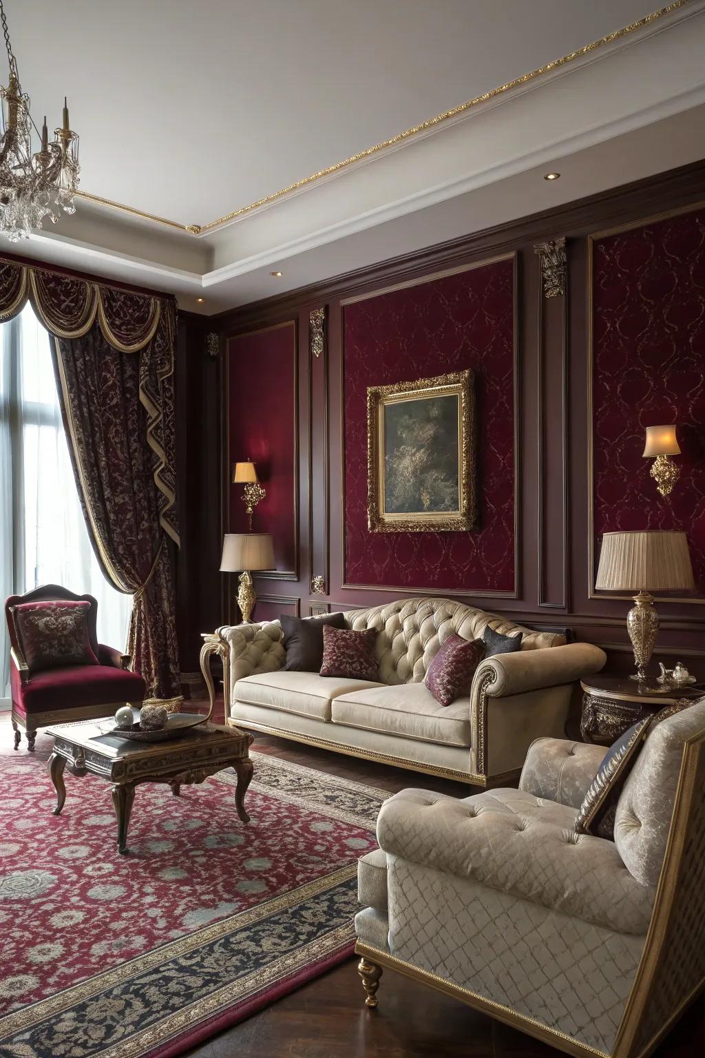 Burgundy walls add a dramatic and sophisticated flair to this living space.