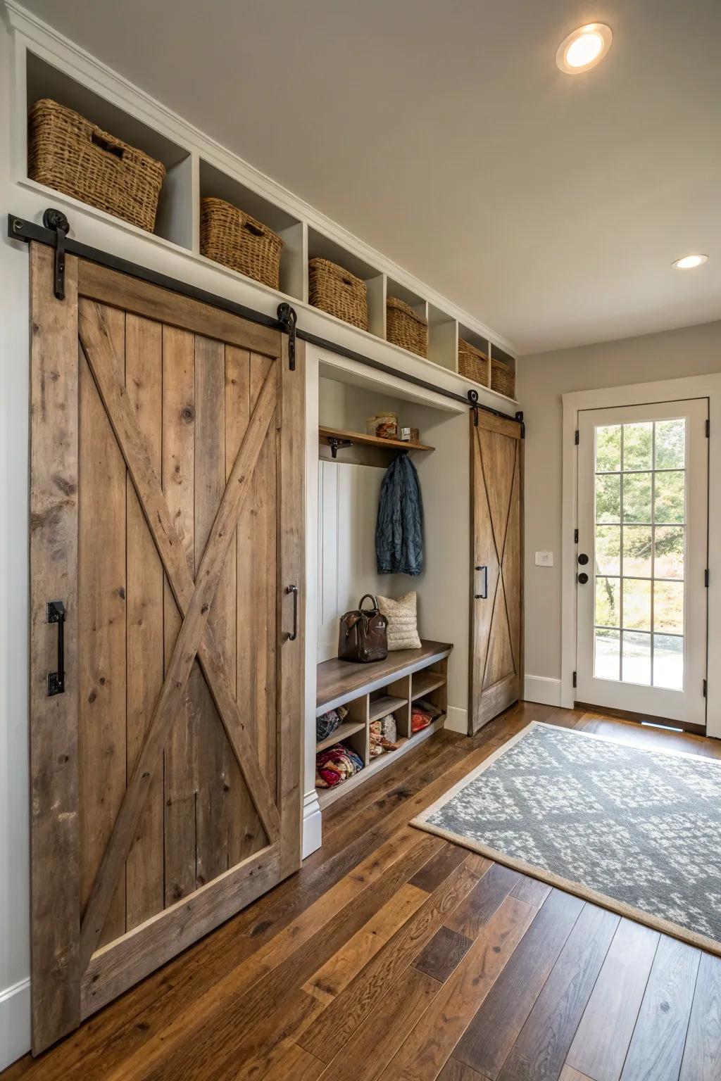 Sliding barn-style entrances bring charm and save area.