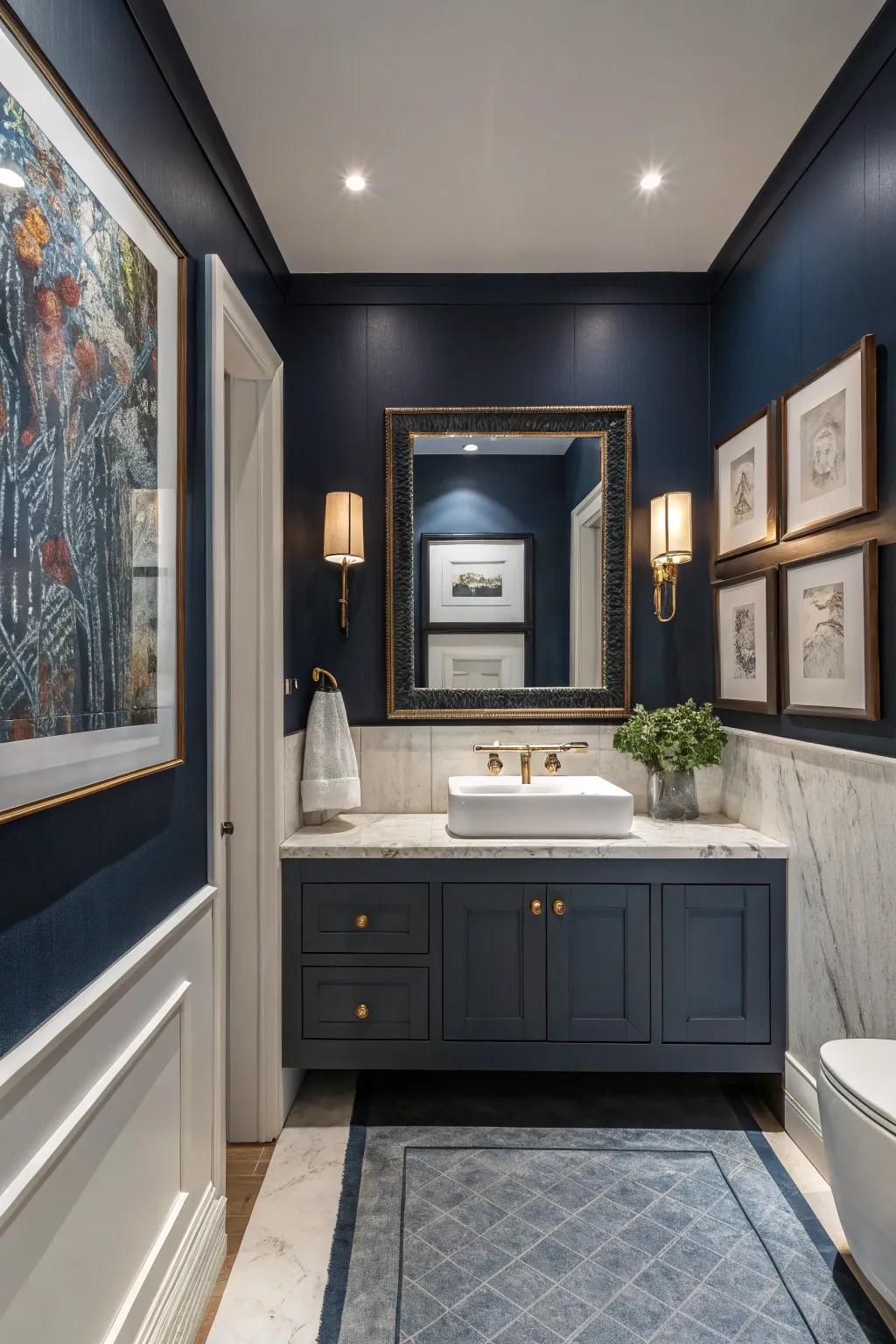 Contemporary art imparts individuality to midnight blue bathrooms.