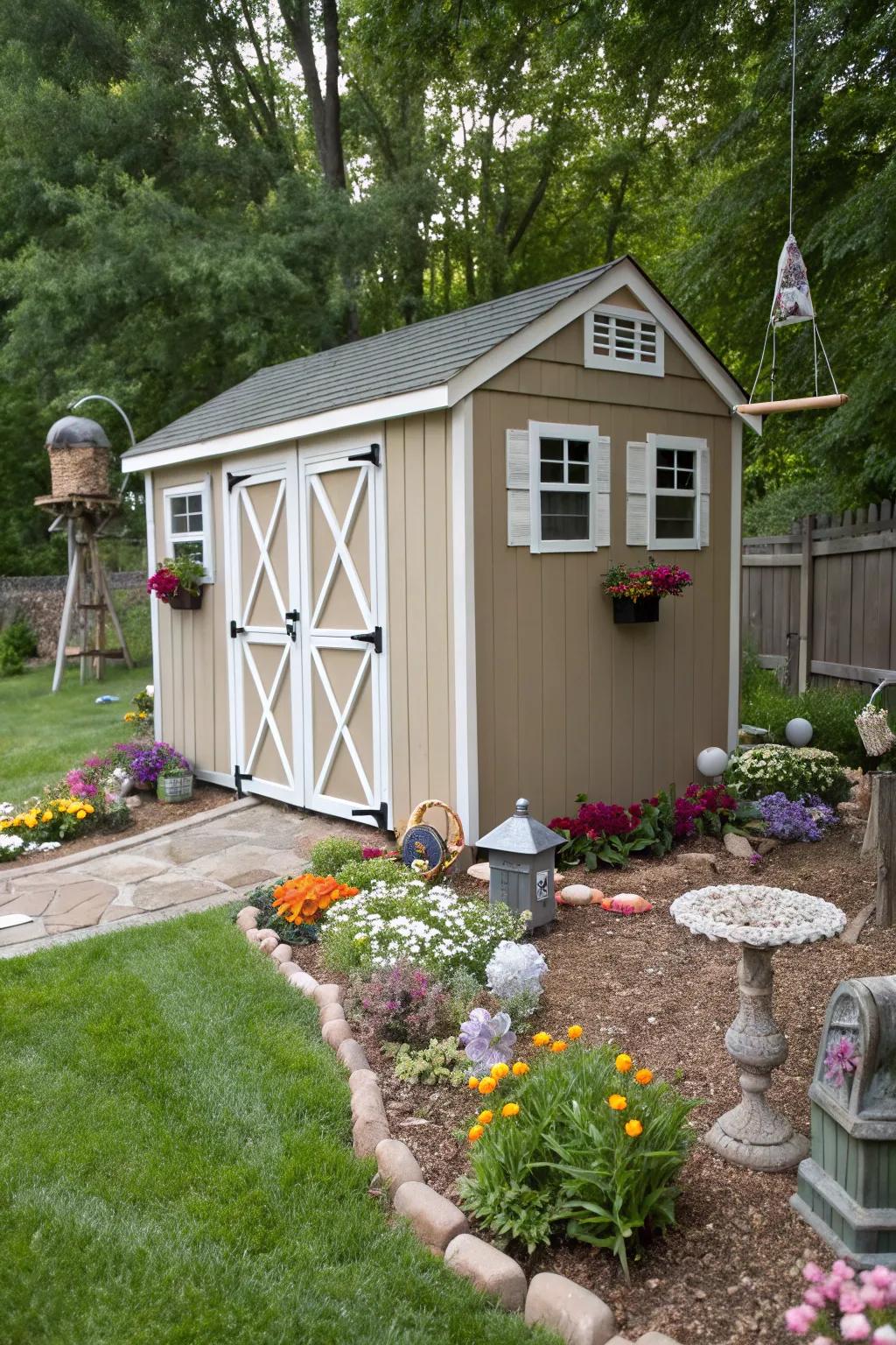 A comforting fawn shed that offers whimsy and refinement.