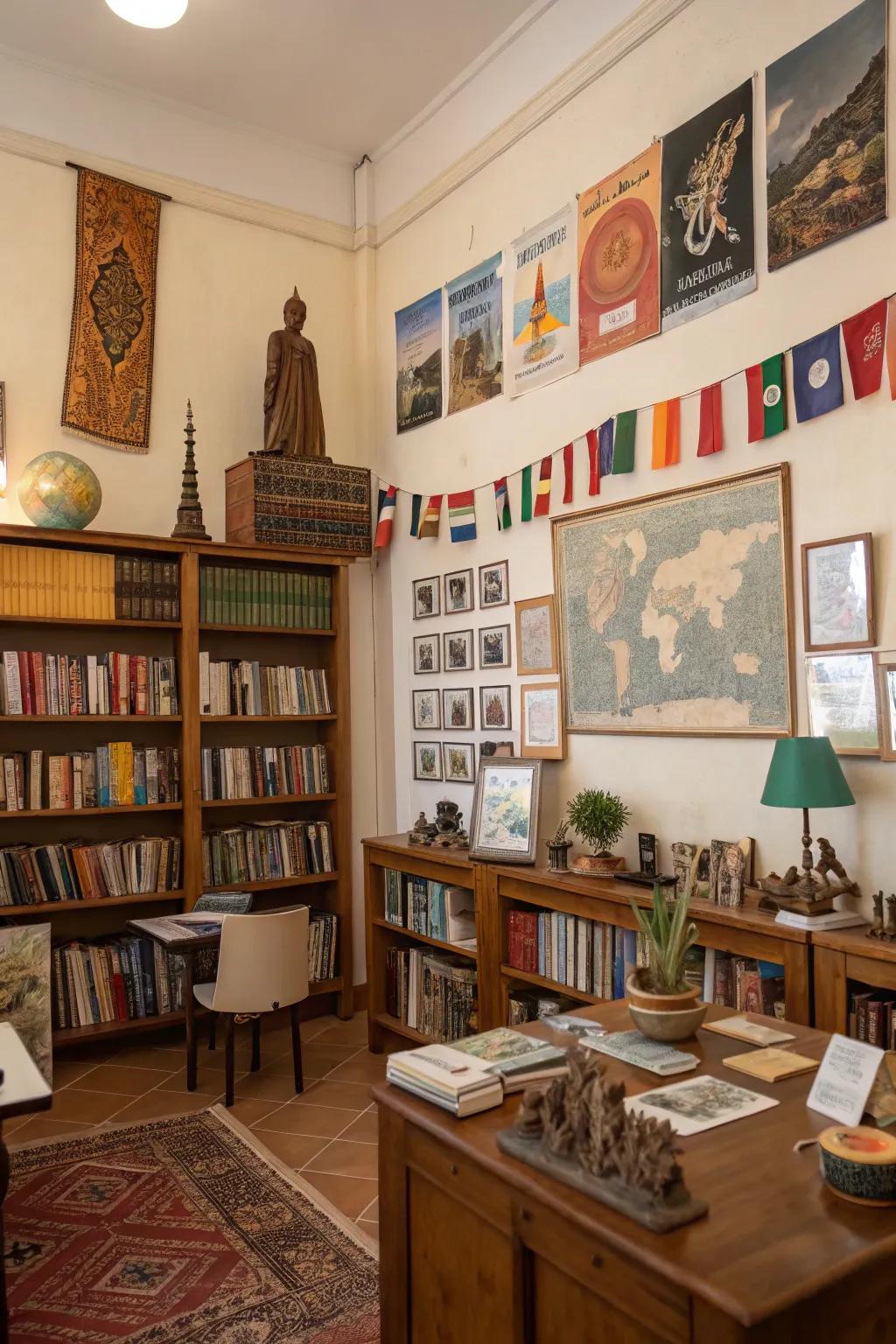 A study enriched with cultural and travel-inspired décor.