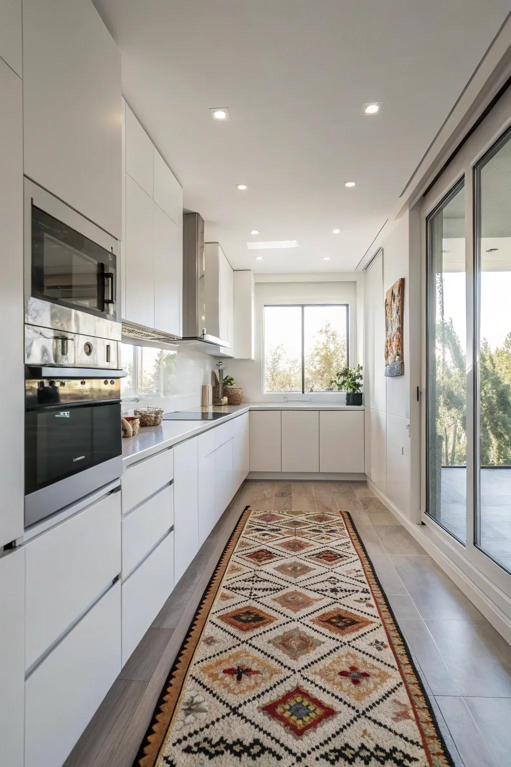 A stylish rug adds warmth and personality to the kitchen.