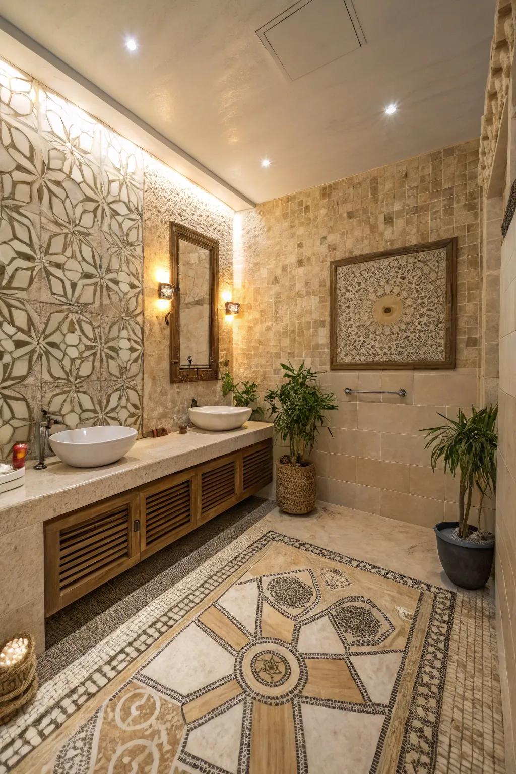 A tranquil bathroom using meditative peaceful-inspired mosaic patterns.