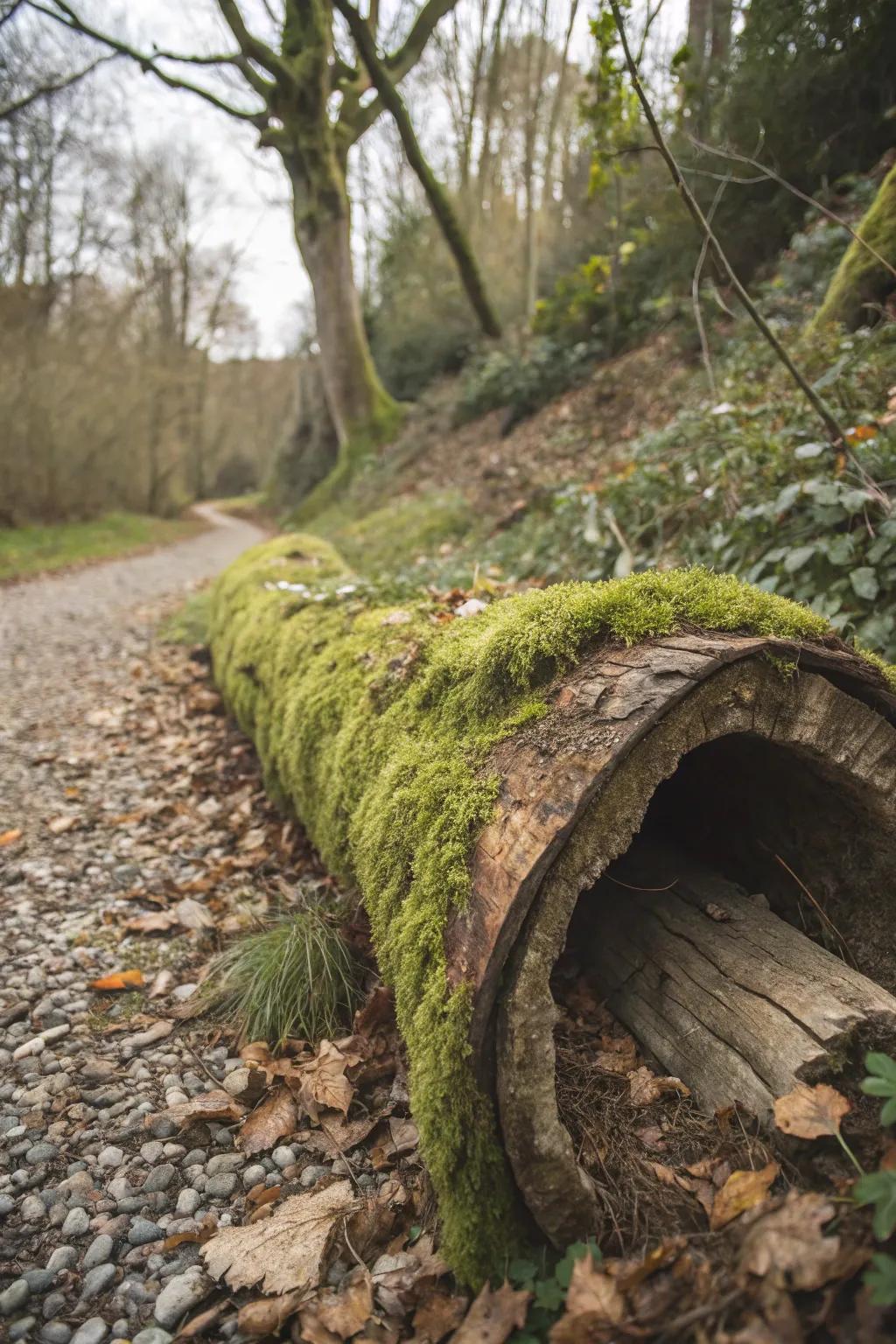 A countryside hollowed trunk planter populated with lavish vegetation.