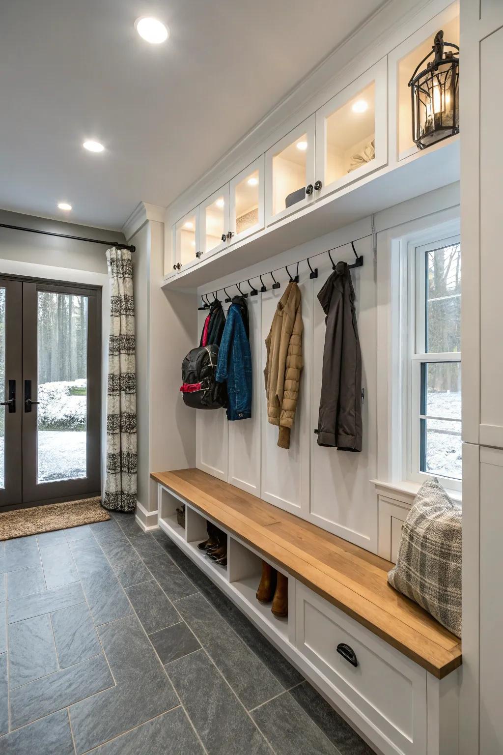Astute technology enhances mudroom convenience.