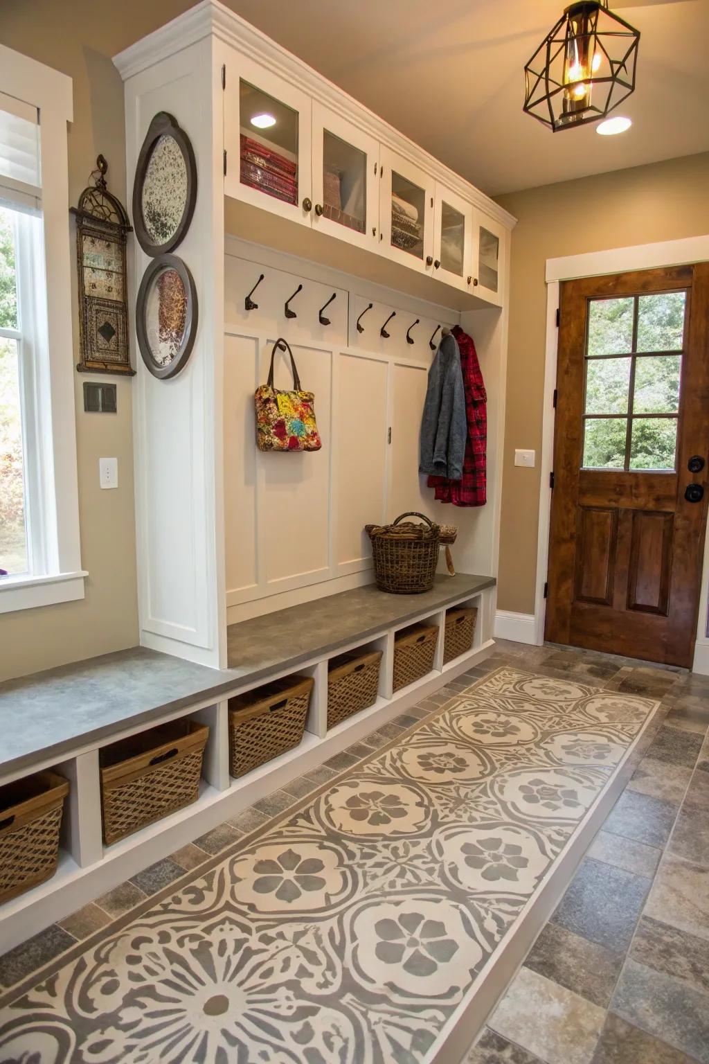 Etched mineral finish floors merge resilience with custom artistic panache.