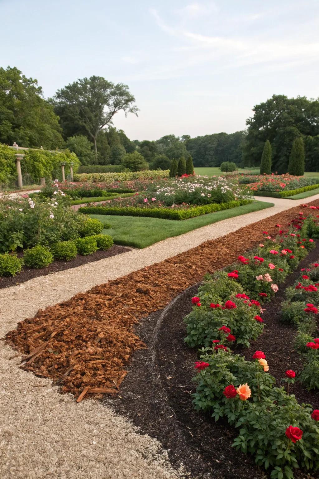 Contrasting mulch shadings contribute visual intrigue.