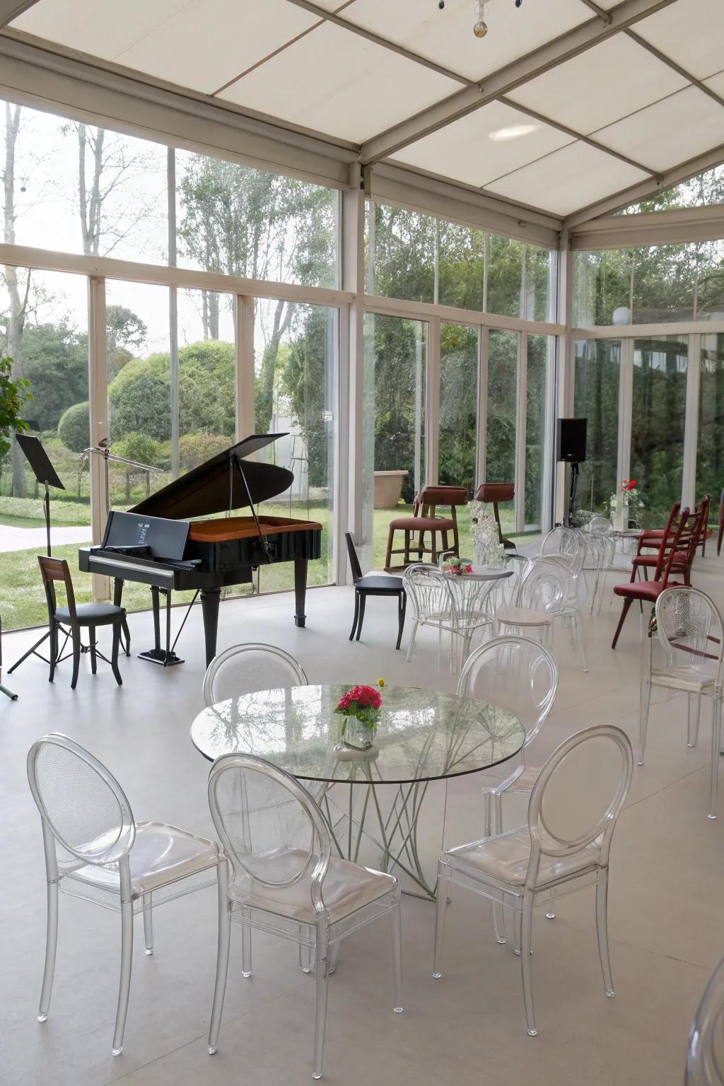 Transparent furniture maintains an airy atmosphere.