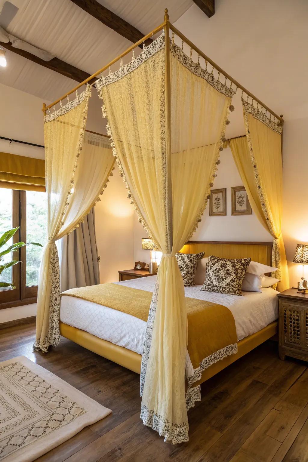 A sleeping chamber showcasing an exquisite amber canopy.