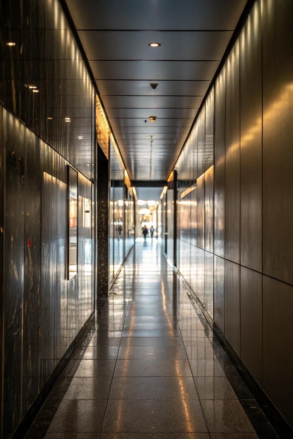 High-luster finishes replicate brightness, appending luxury and sophistication to a slender entryway.