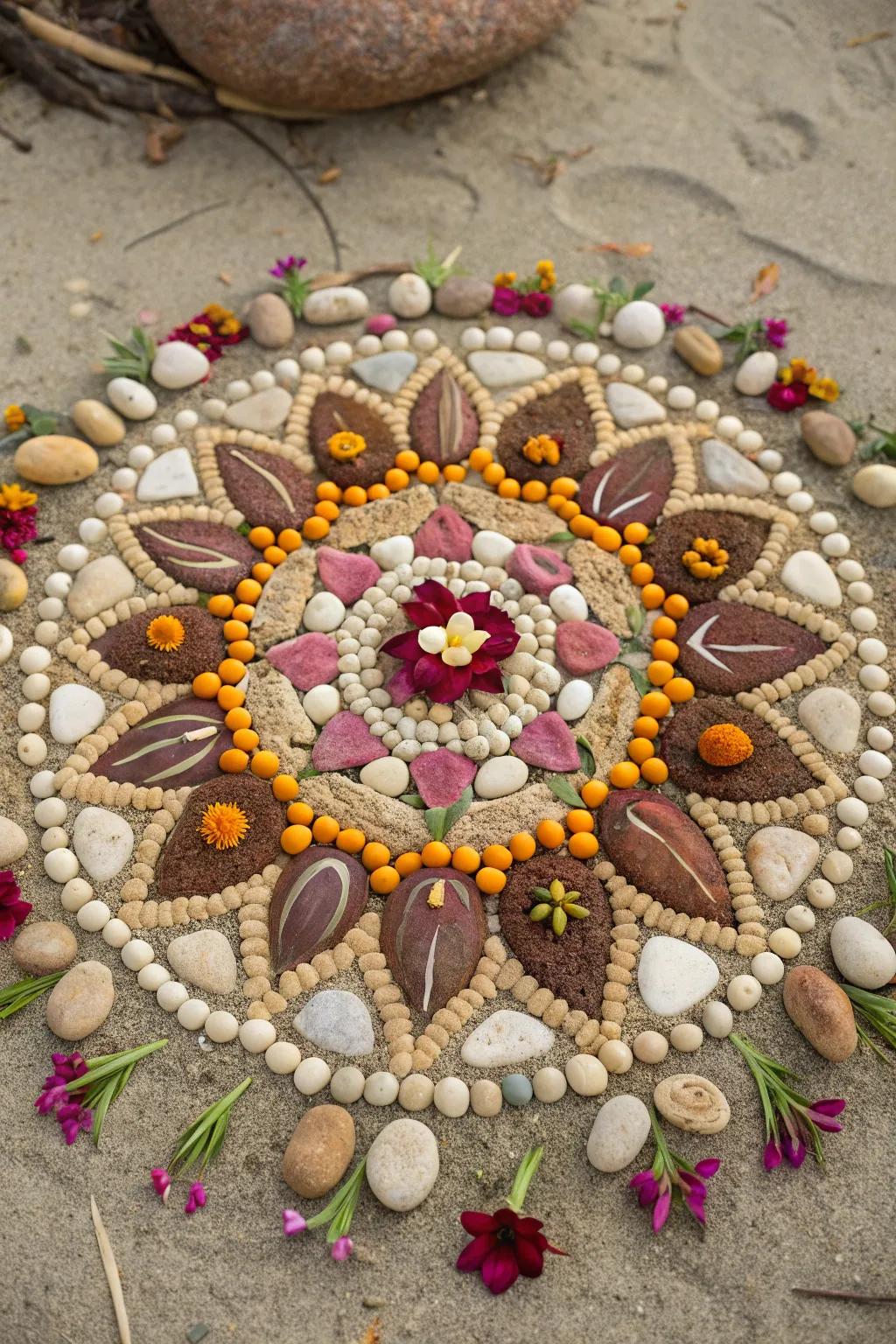 A balanced mandala composition employing organic items.