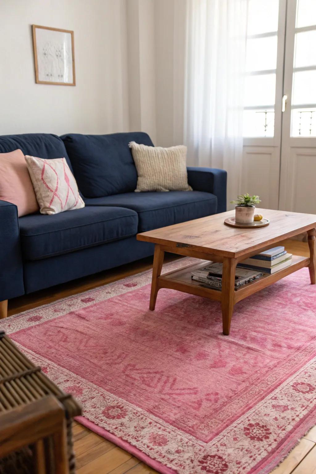 A rose area rug beautifully anchors the seating area.