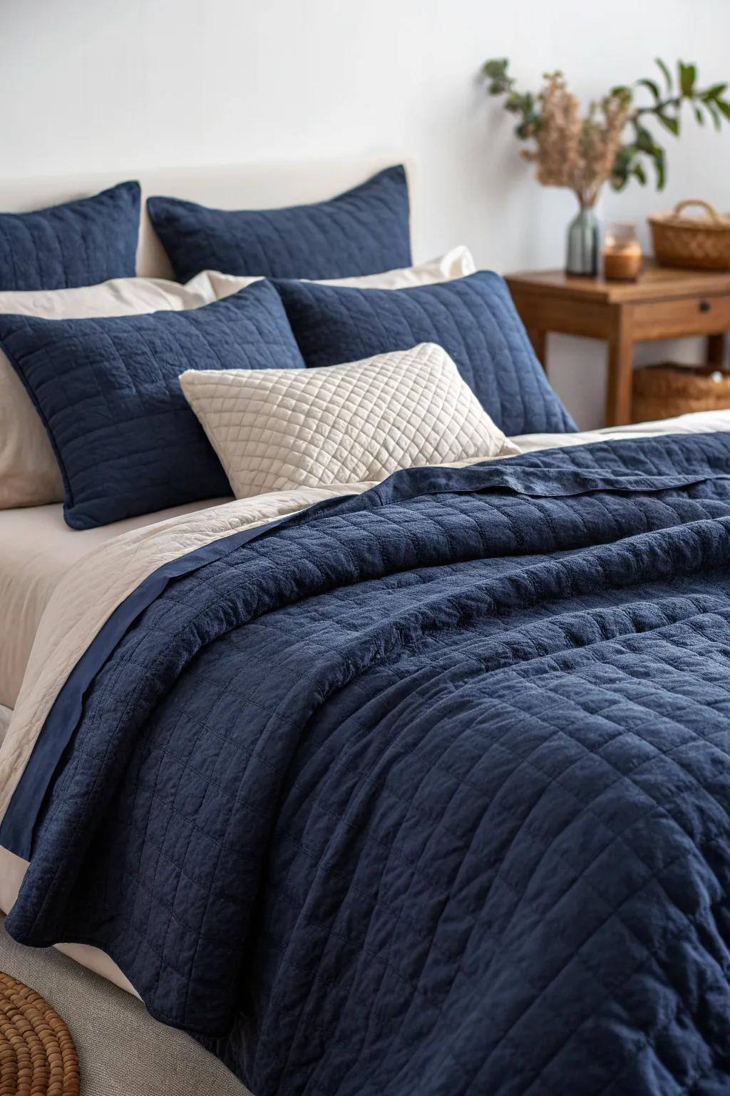 With textured fabrics in your dark blue bedding, you may encourage touch.