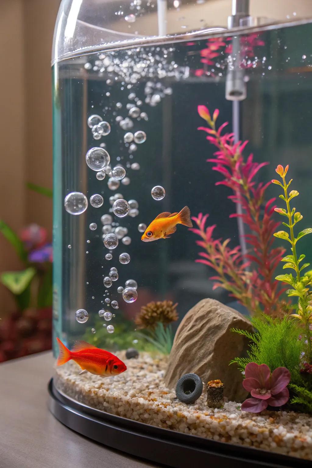Motion elements contribute dynamic intrigue to this vibrant aquarium.