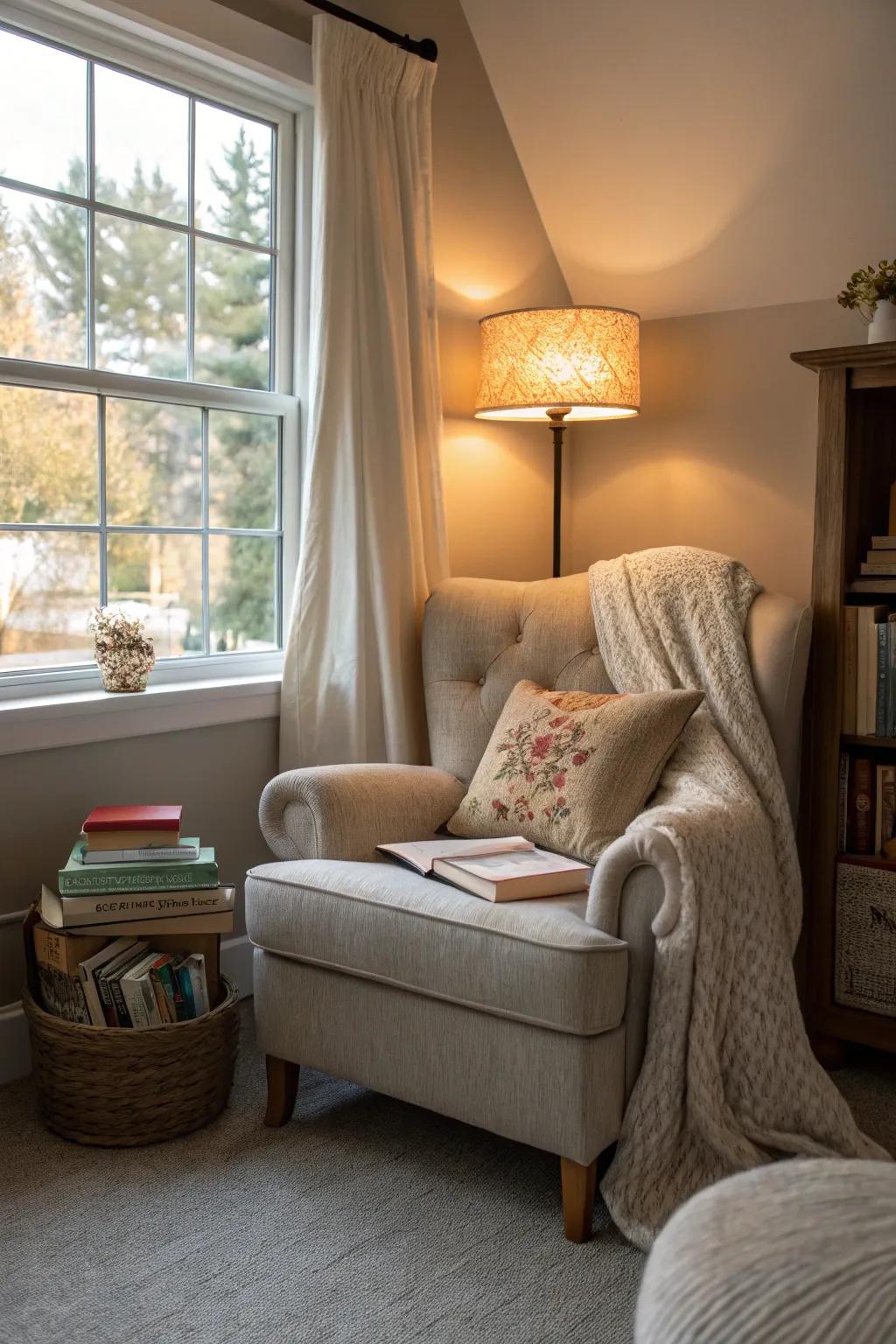 A reading space provides a personal escape in the bedroom.