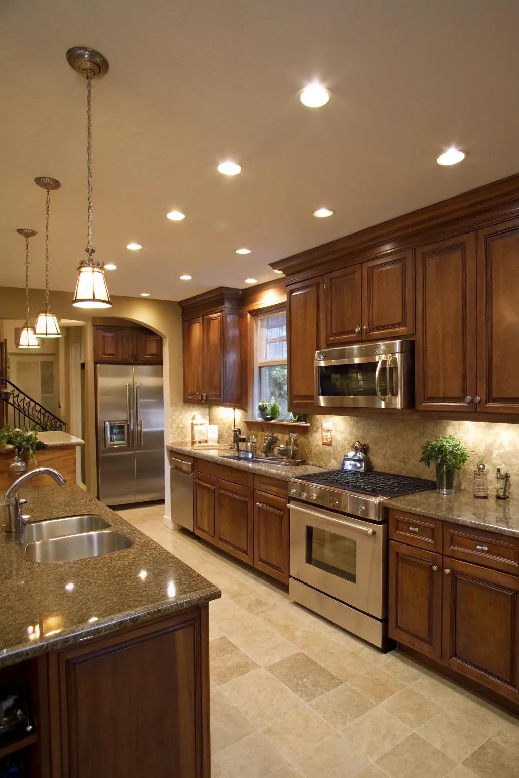 Layered illumination enhances warmth and texture in the kitchen.