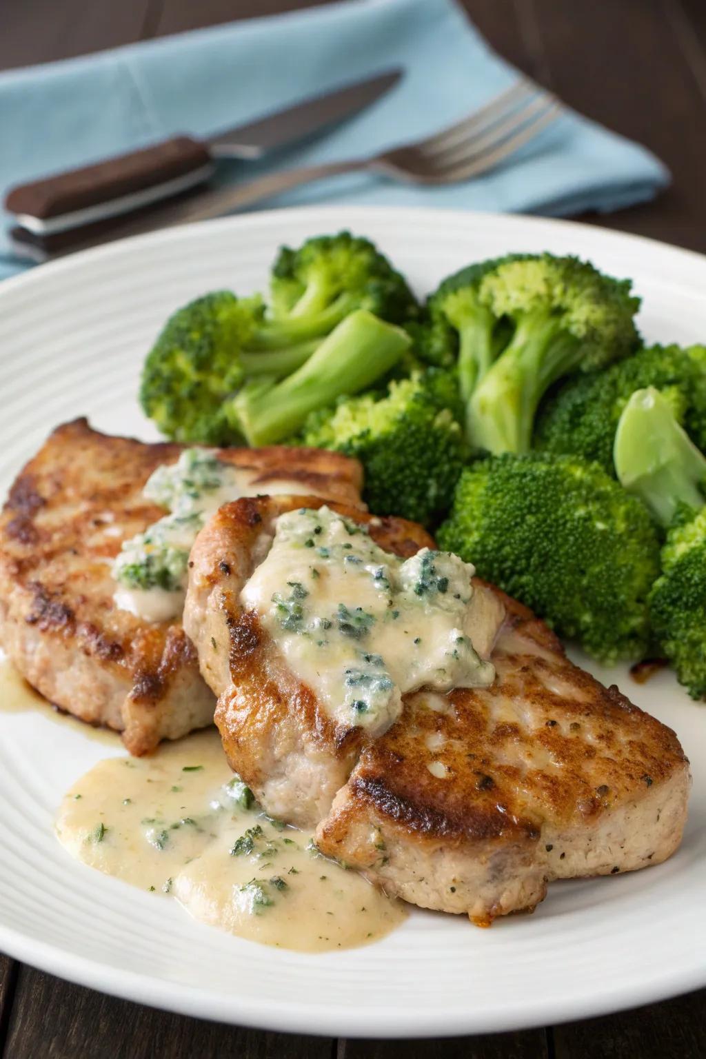 Pork with Blue Cheese sauce, offering a tangy and elegant option for New Year's Day dinner.