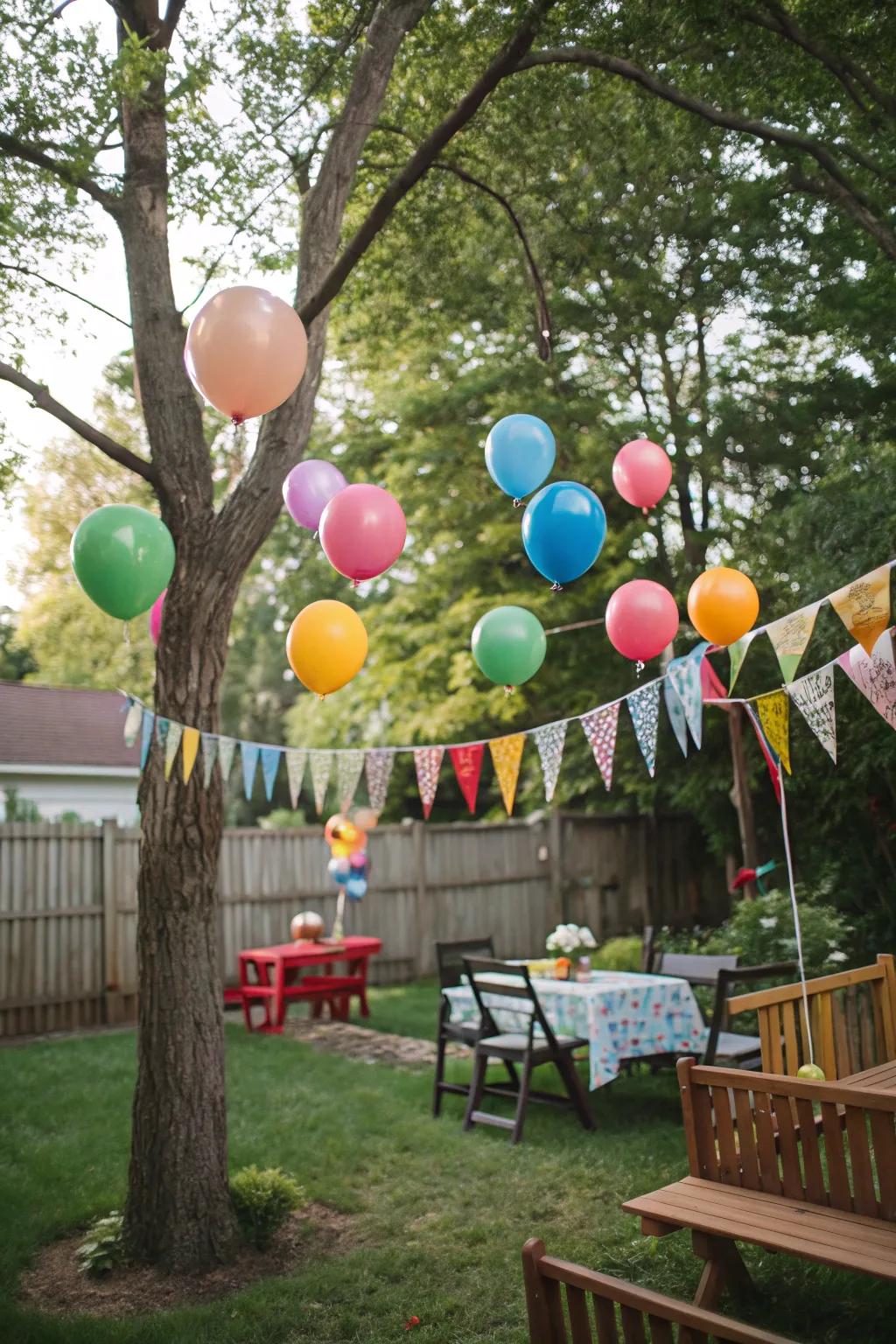 Floating globes and strips fashion a celebratory and joyous atmosphere.