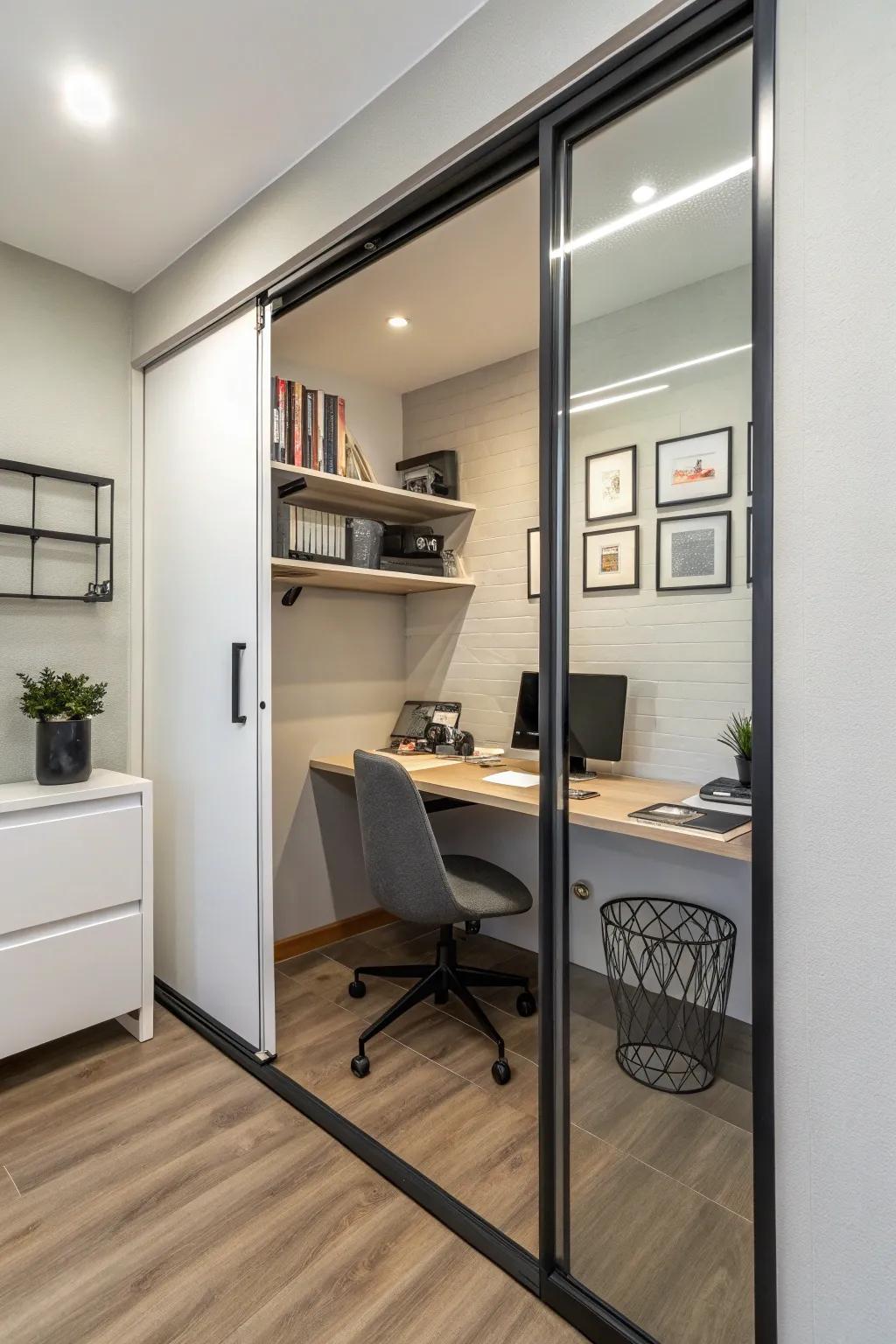 Employ a sliding partition to separate your workspace without losing floor area.