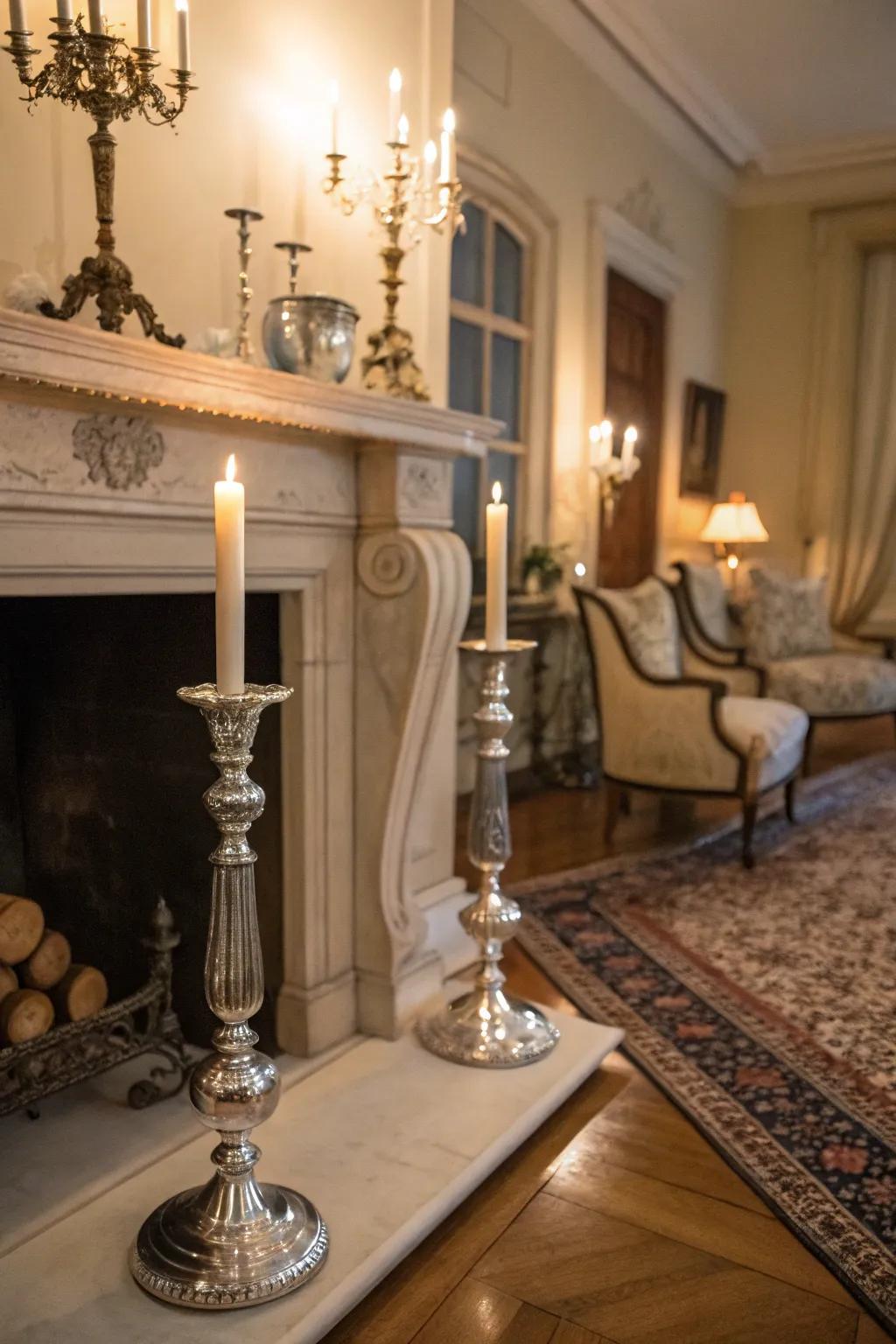 Silver candle holders include a romantic touch.