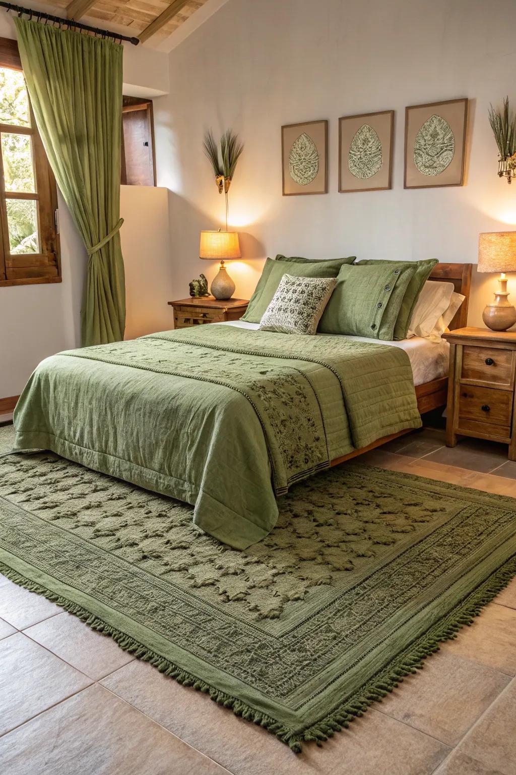 An olive green rug harmoniously ties the room together.