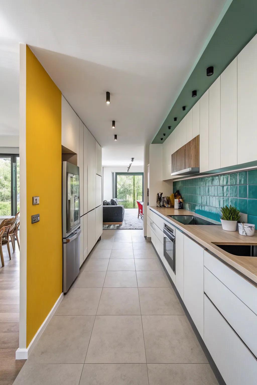 Hue segregation defines this kitchen in an open setting.