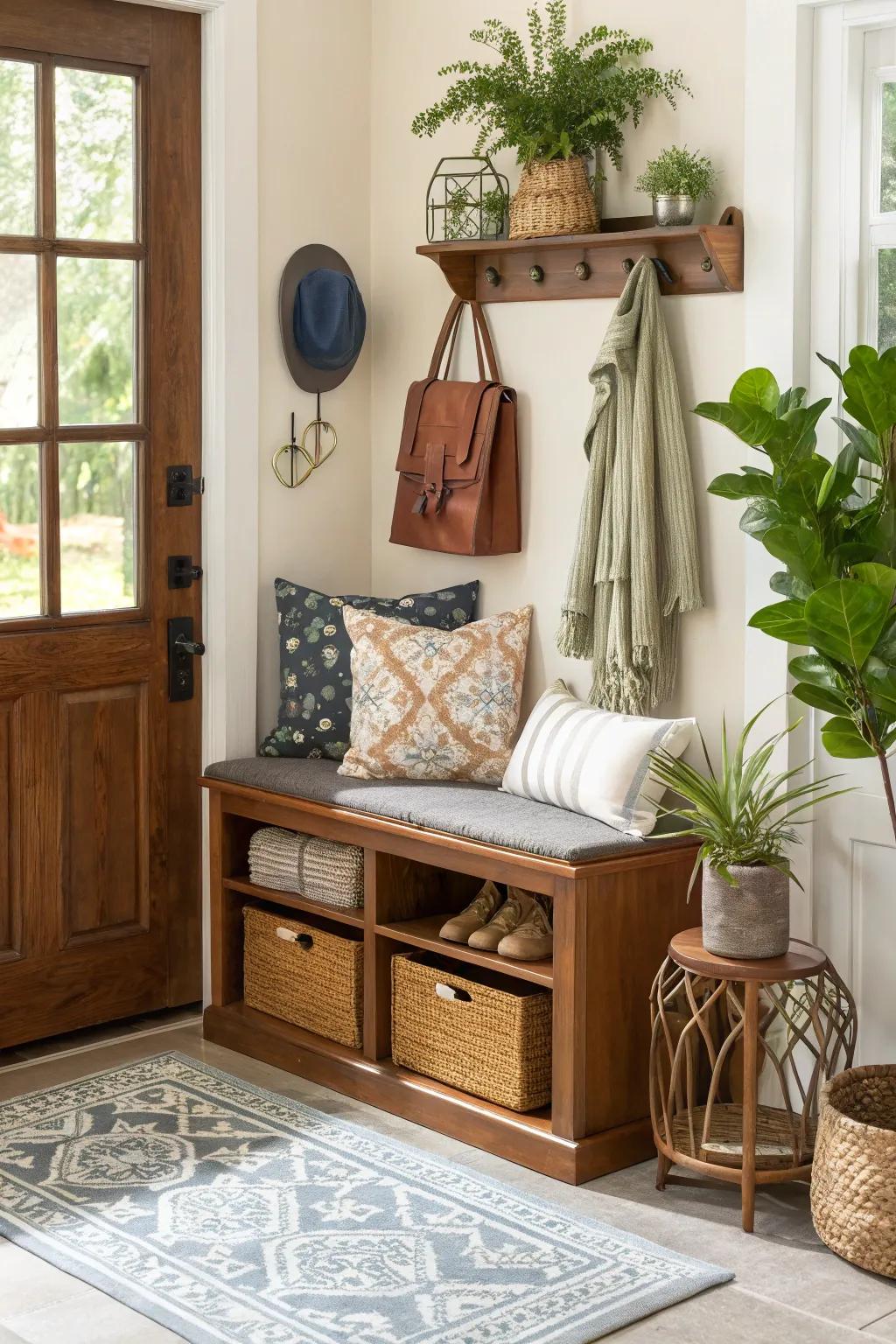Multi-functional furniture throughout an entryway maximizes space and utility.