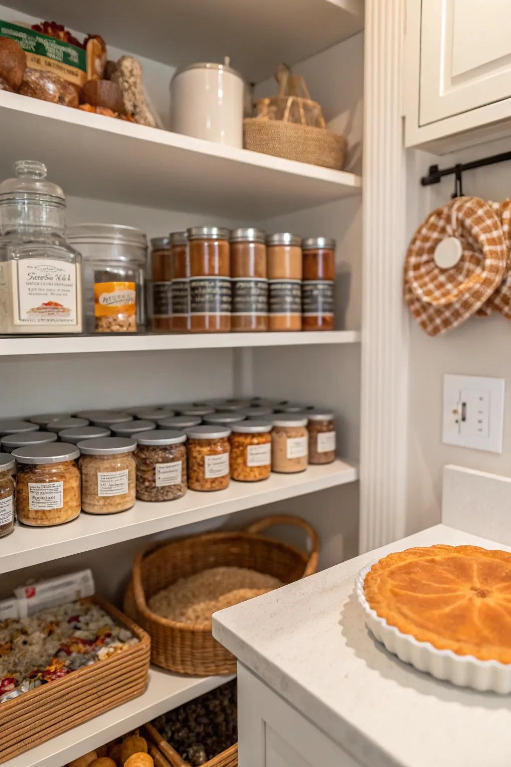 Everyday essentials are easily accessible with a shelf for seasonal items.