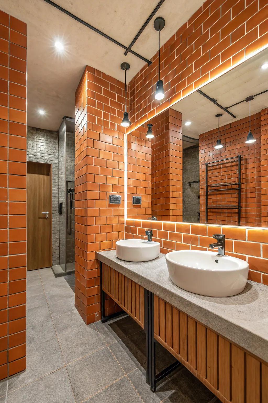 Orange brick tiles bring an urban, chic texture to the bathroom.