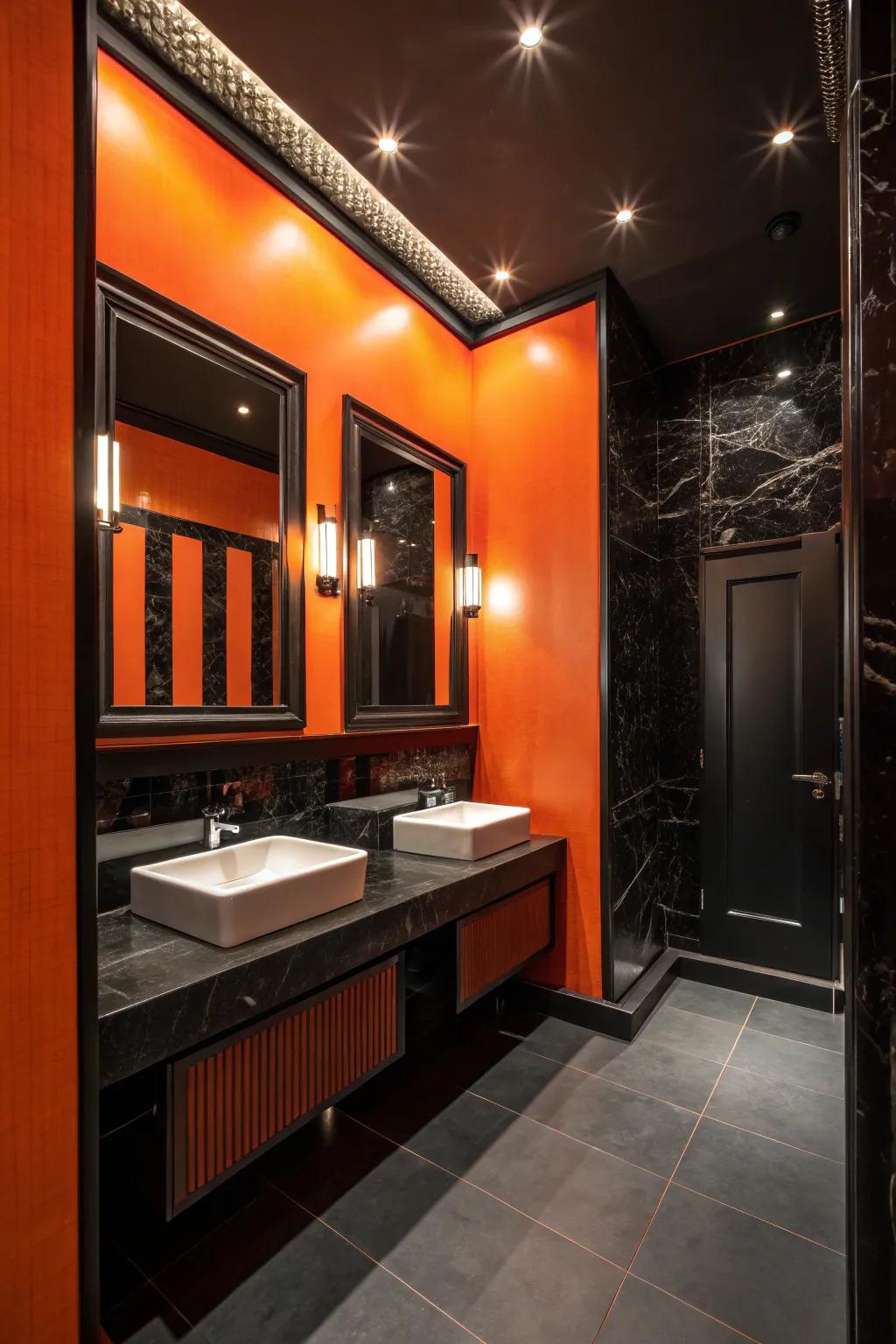 A lavatory that evolves into a spectacle with its bold orange and ebony decor.
