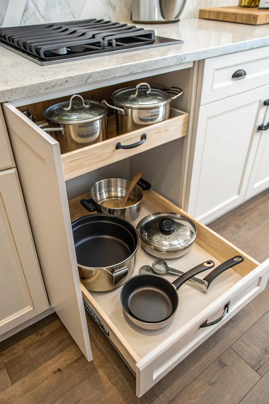 Custom built-in cabinets perfectly organize pots and pans.